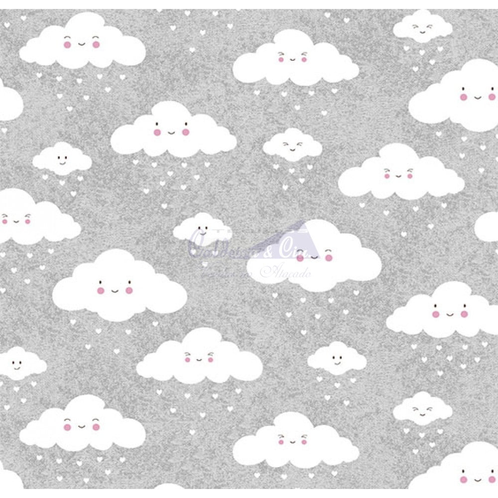 Tecido Tricoline Estampado Nuvem  (Cinza com Branco)