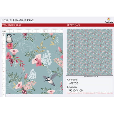 Tecido Tricoline Estampado floral com pássaros 9050-V108