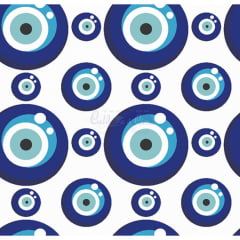 Tecido Tricoline Estampado Olho Grego Branco Com Azul Forte