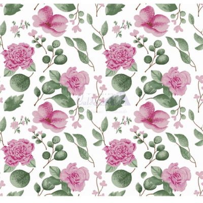 Tecido Tricoline Estampado Floral Camelias (Rosa)